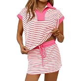 Fisoew Womens Striped 2 Piece Outfits Casual Sweatshirt Skirt Set | Short Sleeve, Skort, Workout Set, Matching Lounge Sets