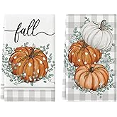 Artoid Mode Orange Eucalyptus Leaves Pumpkin Fall Kitchen Towels Dish Towels, 18x26 Inch Buffalo Plaid Thanksgiving Decoration Hand Towels Set of 2