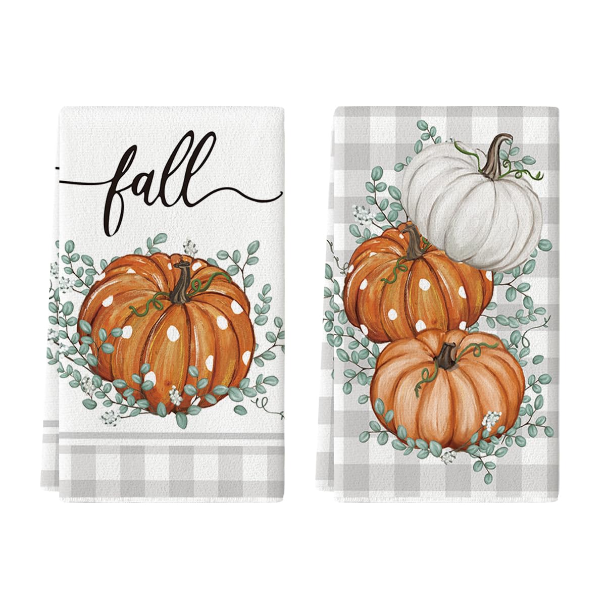 Photo 1 of Artoid Mode Orange Eucalyptus Leaves Pumpkin Fall Kitchen Towels Dish Towels, 18x26 Inch Buffalo Plaid Thanksgiving Decoration Hand Towels Set of 2
