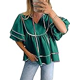 FreeCute Womens Babydoll Tops Summer Short Puff Sleeve Notch V Neck Boho Shirts Loose Peplum Flowy Blouses