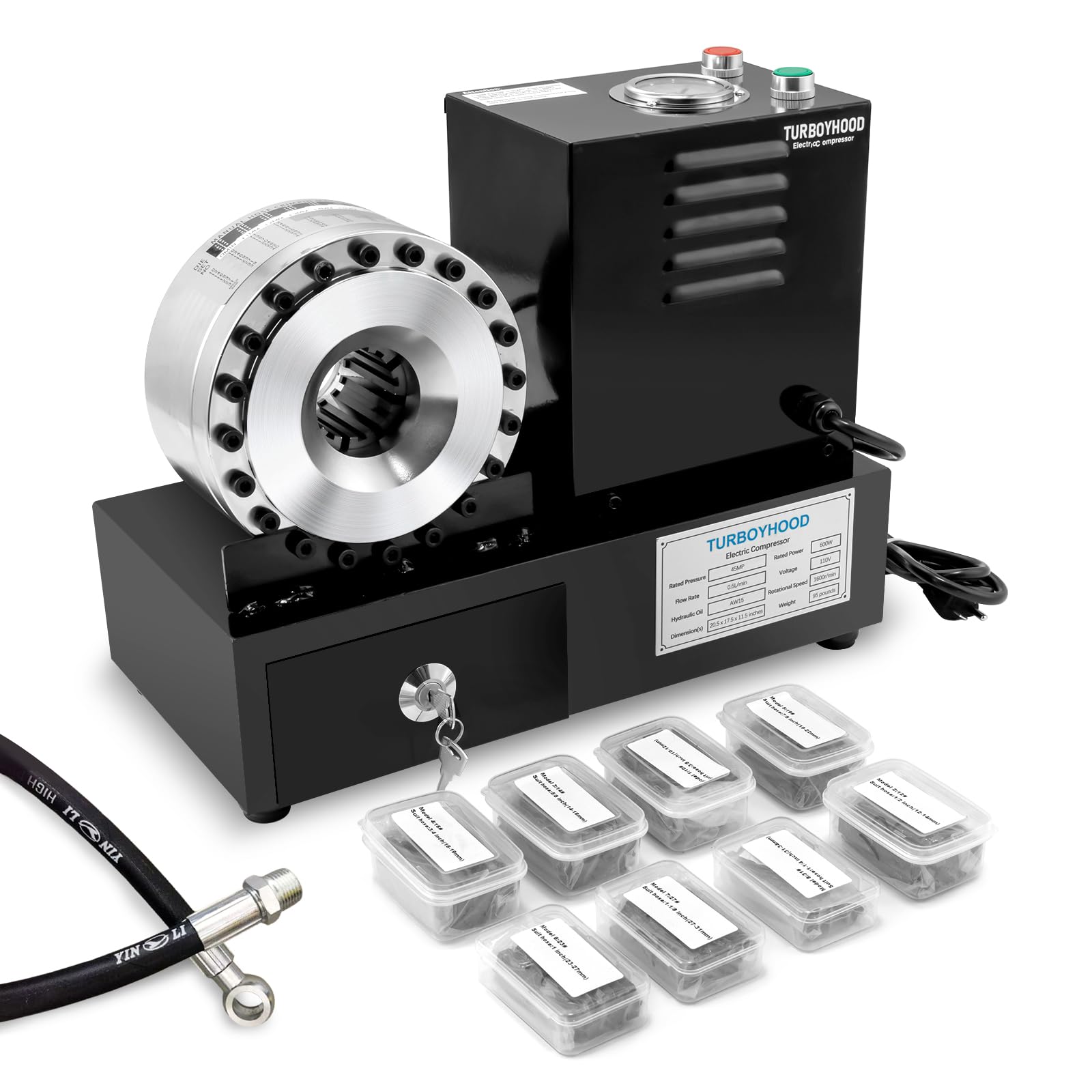 Photo 1 of Electric Hydraulic Hose Crimper Tool with 8 Dies – 110V Portable Crimping Machine for AC Lines, Automotive, Excavators, Agricultural Equipment – Multi-Diameter Hydraulic Pipe & Fuel Line Crimper Kit