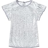 Eymitory Girls Sequin Shirts Short Ruffle Sleeve Glitter Sparkly Tops Blouse Casual Club Party Shirt