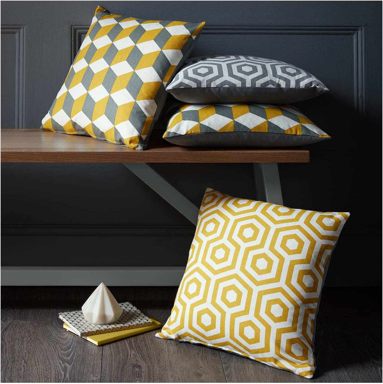 Red Rainbow Set of 4 Prestigious Textiles Designer Collection Cube & Hex Yellow & Grey Geometric Cushion Covers (17" x 17")