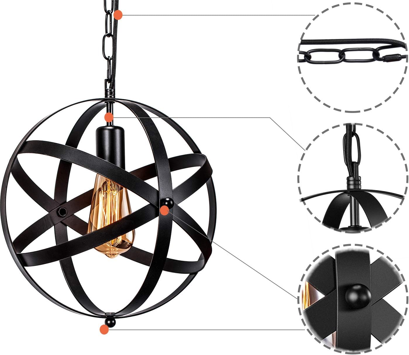 Industrial Pendant Light, 2 Pack Vintage Spherical Pendant Light Fixture with 39.3 Inches Adjustable Metal Chain - - 