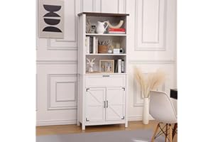 IDEALHOUSE 72 Inch Tall Bookshelf with Doors, 6-Tire Farmhouse Bookcase Floor Standing Bookshelves Display Cabinet with Drawe