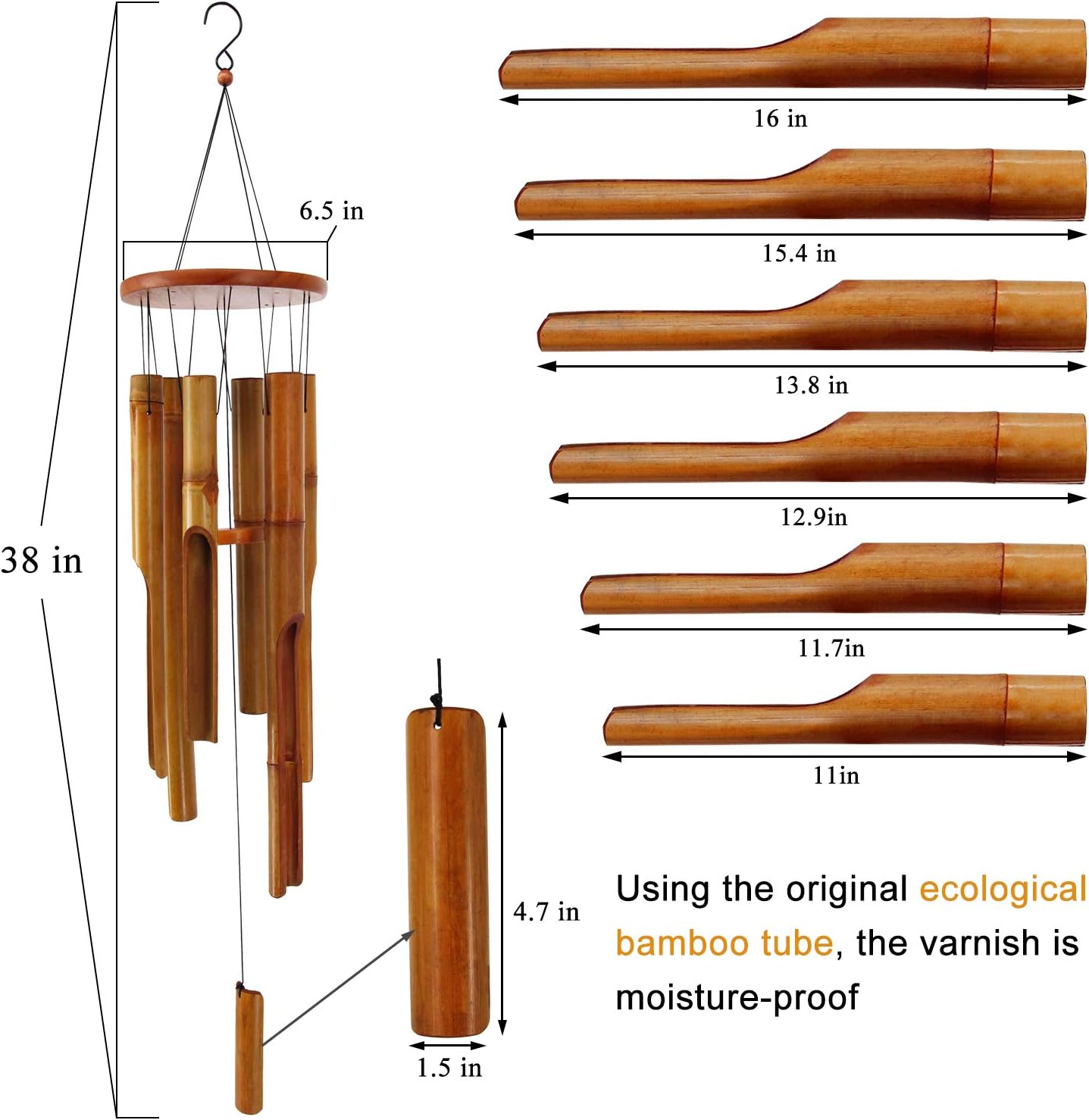 ASTARIN Bamboo Wind Chimes Outdoor, Wooden Wind Chimes for Outside with Melody Deep Tone, 38" Classic Zen Garden Windchime for Relaxation, Grace.Home Décor for Patio, Garden or Indoor : Garden & Outdoor