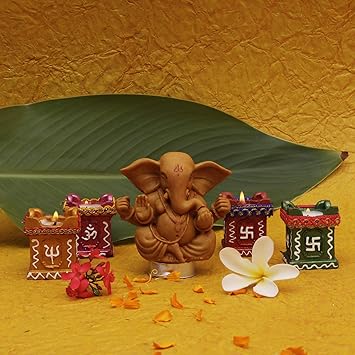 Perpetual Tulsi Diya for Diwali Decoration Handmade Earthen Clay Terracotta Decorative Diya 4 Pcs Set with Lord Ganesha Tealight Candle Festival Diya Oil Lamps.