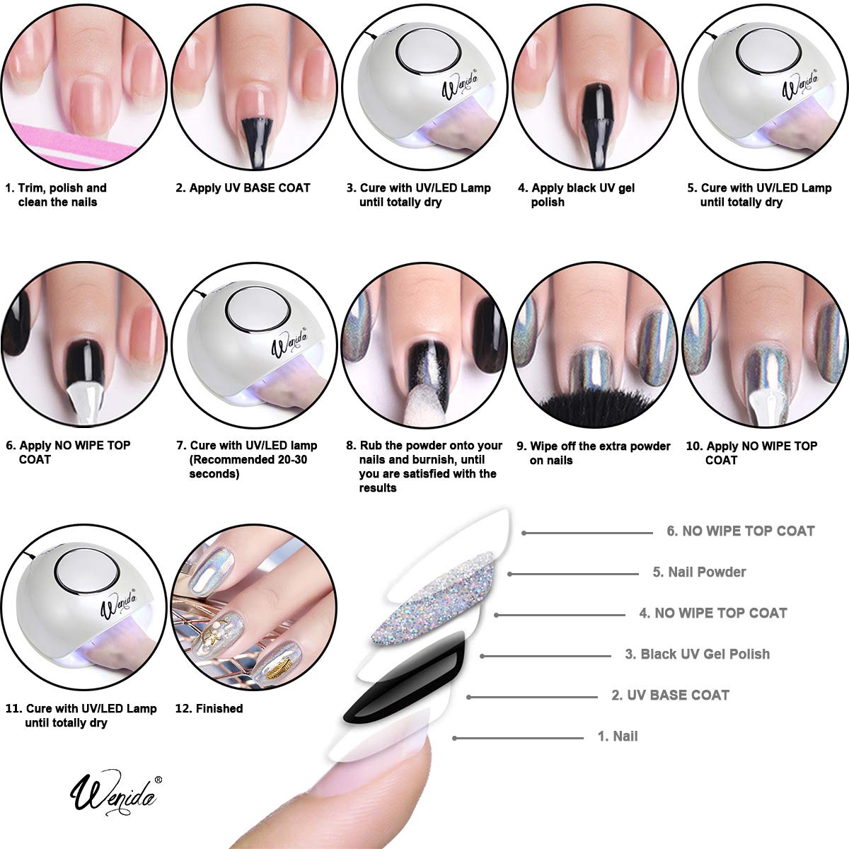 Nail Powder Wenida 8 Colors 1g/Jar Holographic Chrome Mirror Laser Synthetic Resin Pigment Manicure Art Decoration With 8pcs Eyeshadow Sticks: Beauty