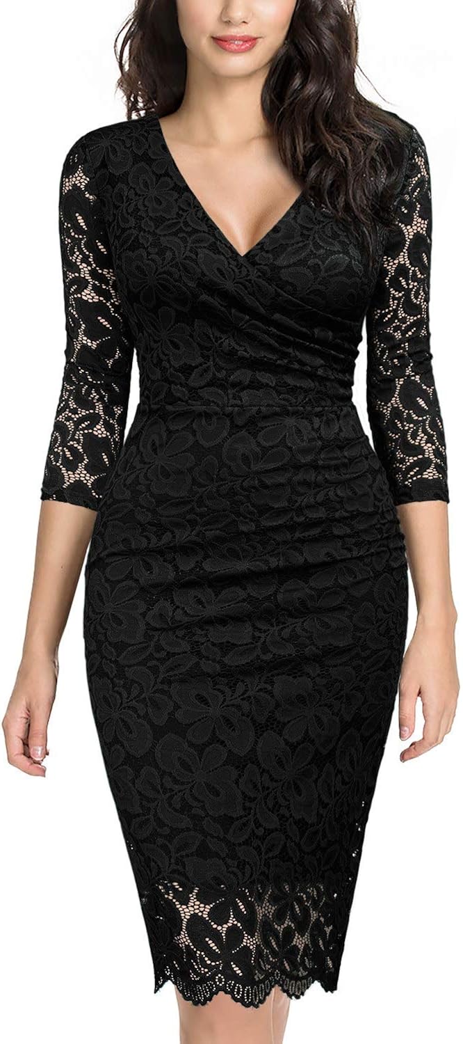 Miusol Women's Retro Deep-V Neck Ruffles Floral Lace Evening Pencil Dress: Clothing
