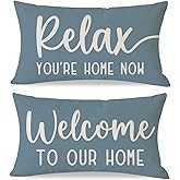 PANDICORN Decorative Throw Pillow Covers 12x20 Inch Set of 2 Relax Welcome to Our Home Dusty Blue Outdoor Farmhouse Spring Fall Lumbar Cushion Cases Decorations for Living Room Sofa Couch Decor