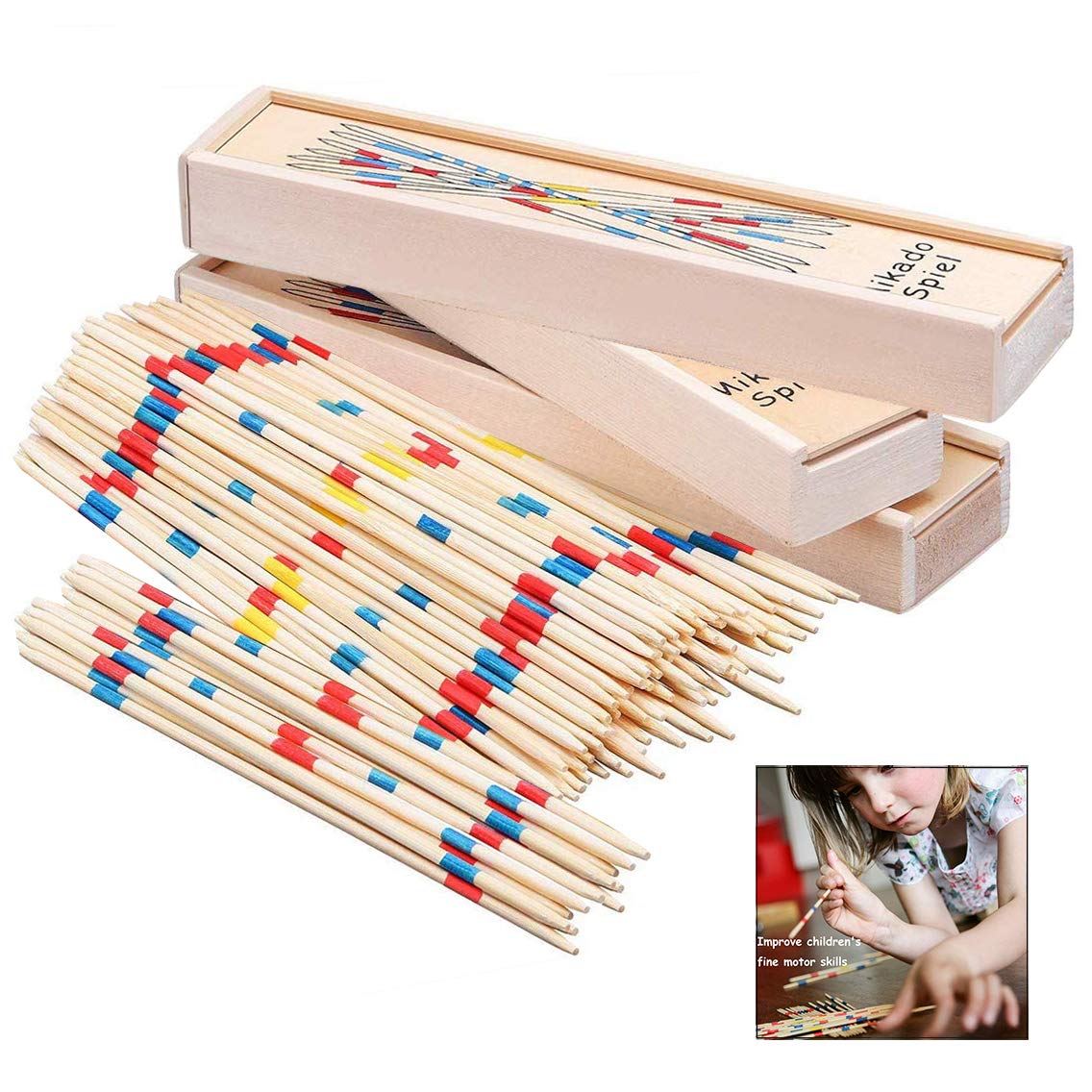 Xrten Pick Up Sticks Game, 155 Pcs Wooden Classic Mikado Set, Team Game for Kids and Family, Develops Hand-Eye Coordination and Fine Motor Skills, Ages 6 and Up