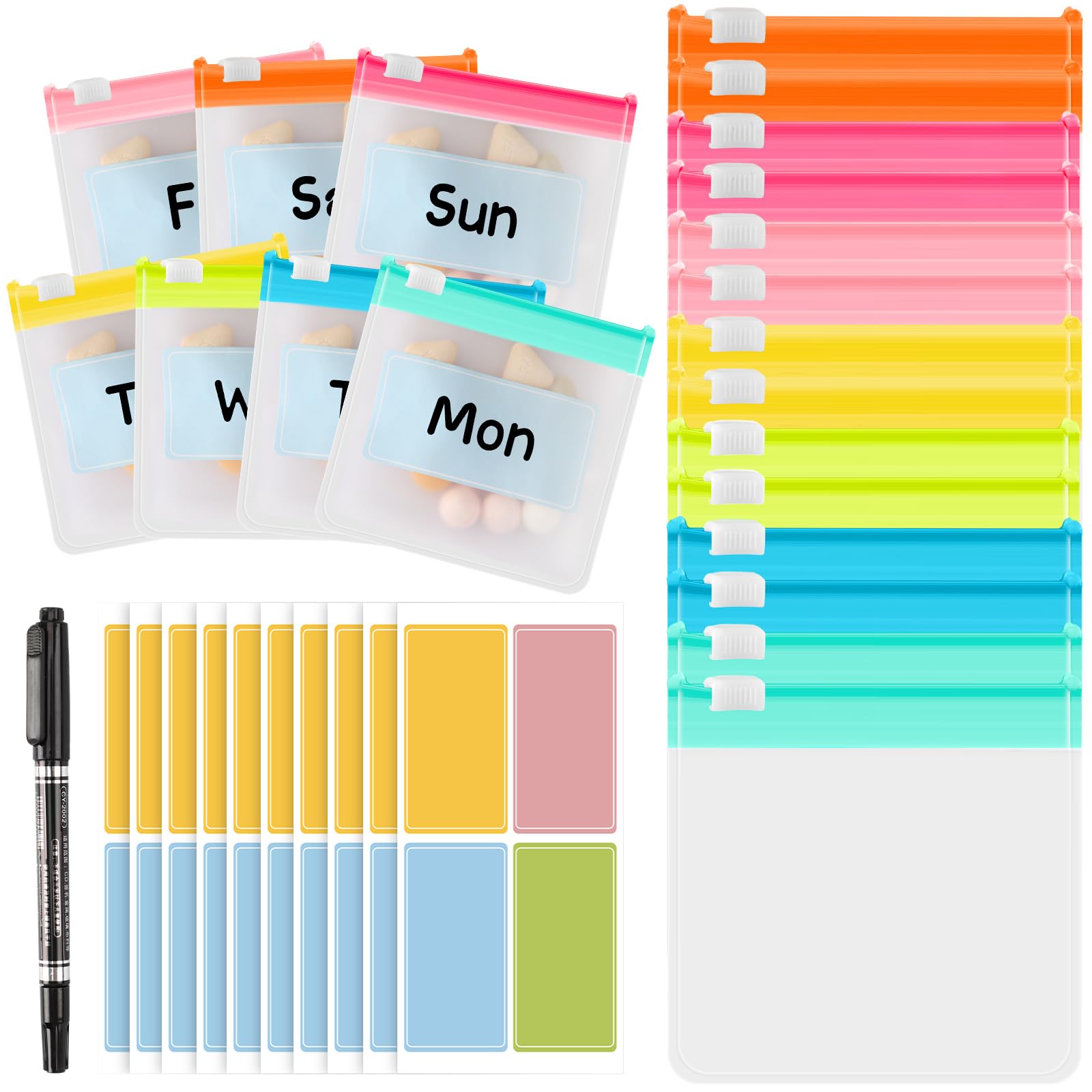 Photo 1 of MARFOREVER 25 PCS Pill Pouch Bags Reusable Medicine Organizer Travel Pill Container Storage Pill Case with Slide Lock 14 pcs Plastic Pill Bags 10 pcs Sheets Labels and A Marker