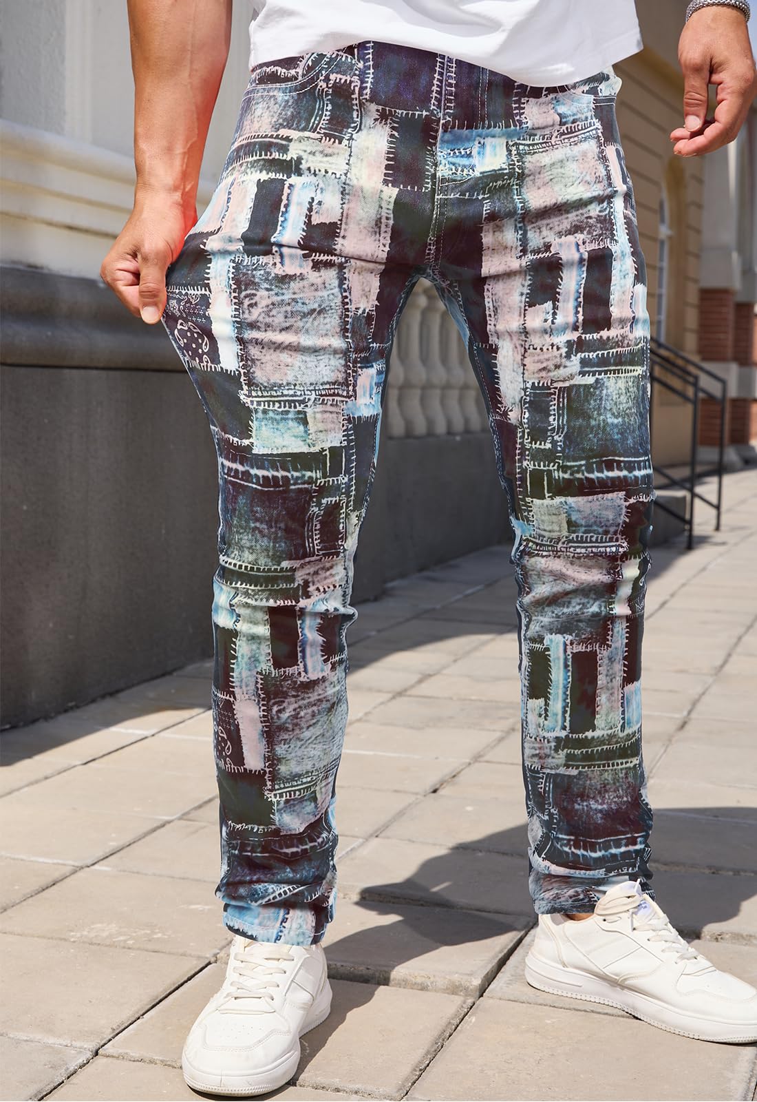 Gulots Men's Jeans Tie Dye Casual Printed Slim Fit Jeans Stretch Skinny Denim Pants for Men 30 Blue Plaid