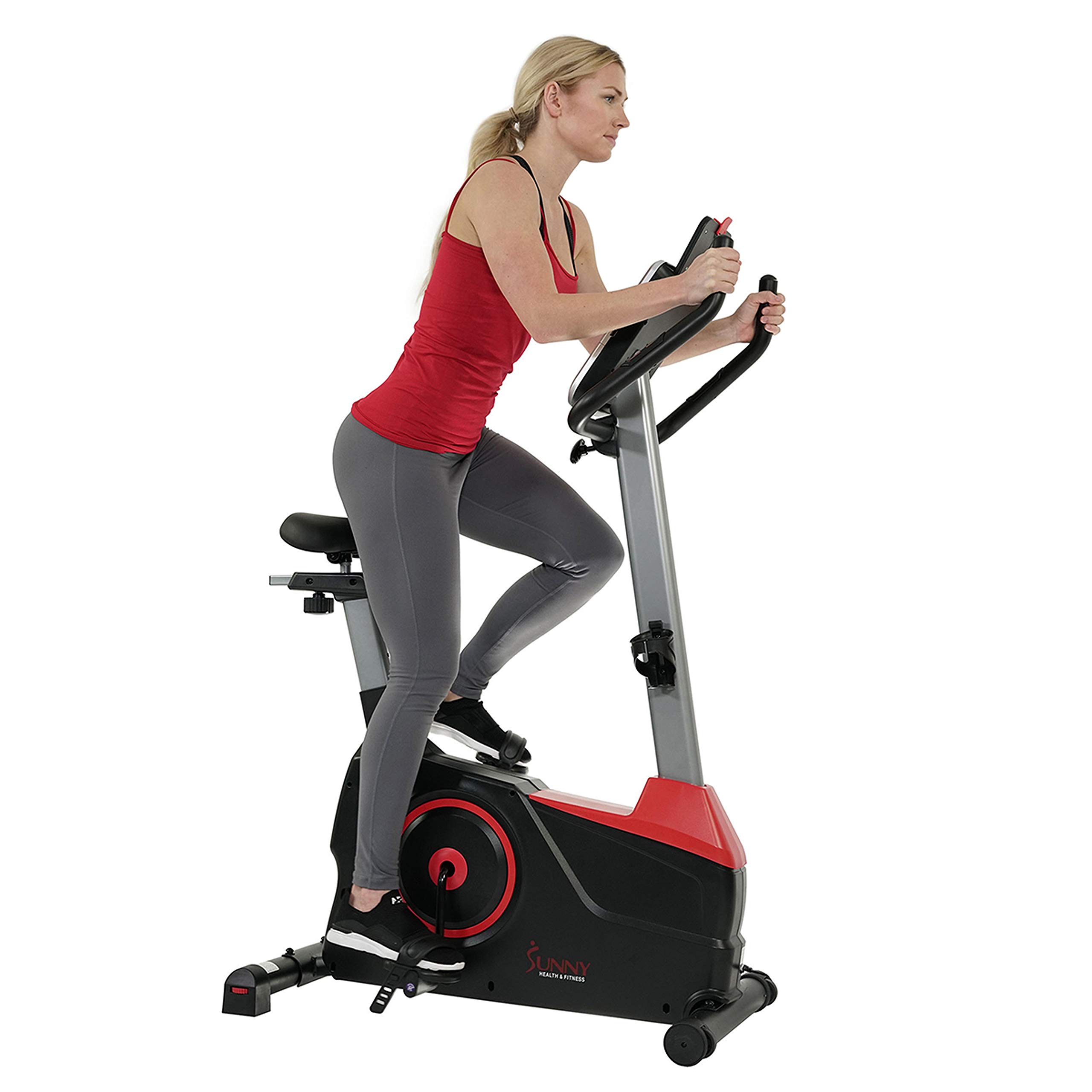 Sunny Health & Fitness Evo-Fit Stationary Upright Bike with 24 Level Electro-Magnetic Resistance - SF-B2969 Black/Red