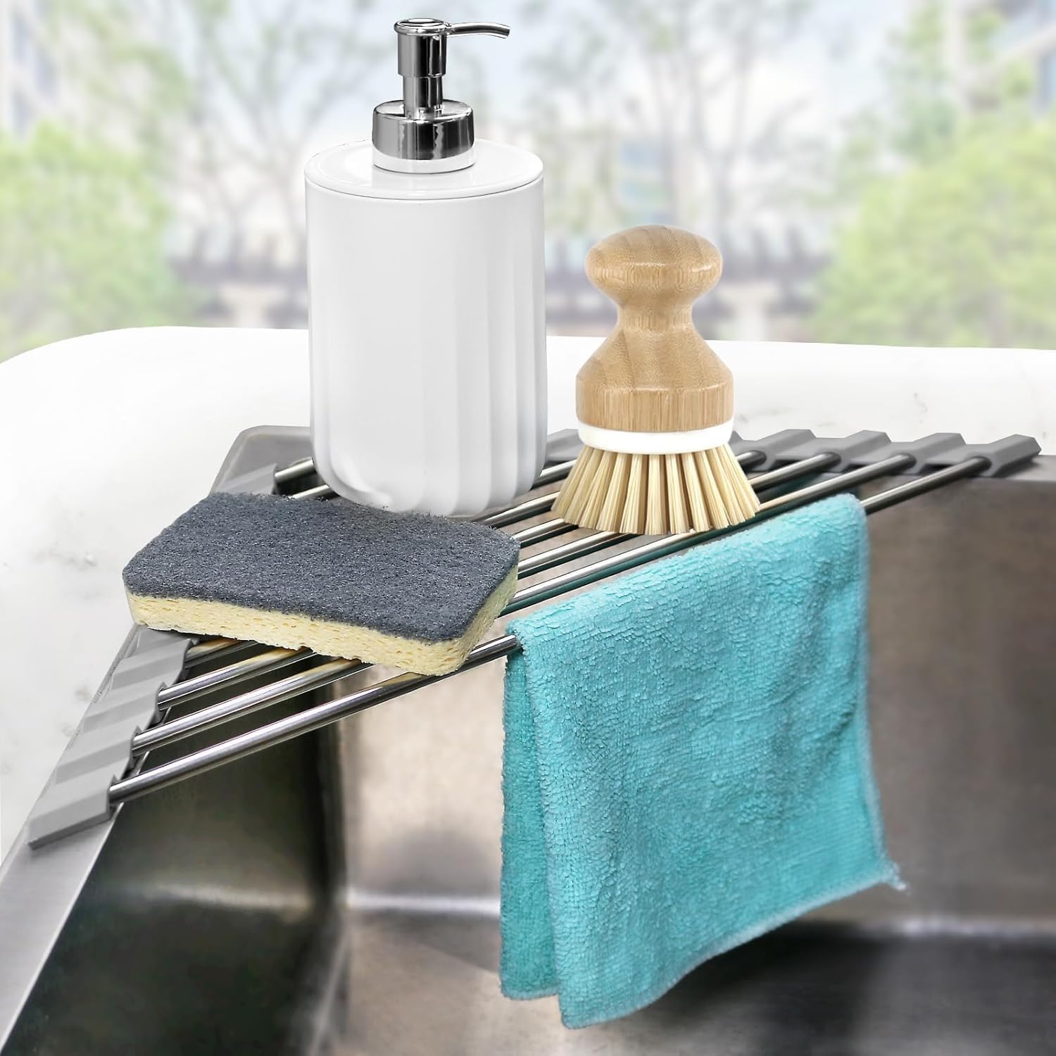 Photo 1 of Corner Sink Caddy Triangle Dish Drying Rack for Sink Corner, Sponge Holder Roll Up Dish Drying Rack Over The Sink, Stainless Steel Kitchen Sink Organizer Drainer Mat Sponge Caddy for Counter Storage