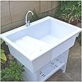Freestanding Plastic Outdoor Sink With Hot & Cold Faucet, For Garage, Basement, Garden (Color: White)