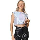 Allegra K Metallic Top for Women's Sleeveless Crop Shirts Zipper Shiny Halloween Party Tank Tops