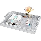 SXNOWS Faux Leather Rectangle Serving Tray with Handles, Large Decorative Tray for Ottoman Coffee Table Decor Living Room, Kitchen, Bathroom, 16x12inches (Silver)