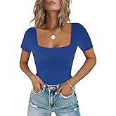 Chunpin Women's Sexy Square Neck Short Sleeve Bodysuit Tops Double Lined Slim Fitted Thong Body suit