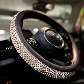 PINCTROT Bling Bling Comfy Steering Wheel Cover with Jumbo Crystal Rhinestones, Anti-Slip Diamond Leather Car Steer Cover (Gold)