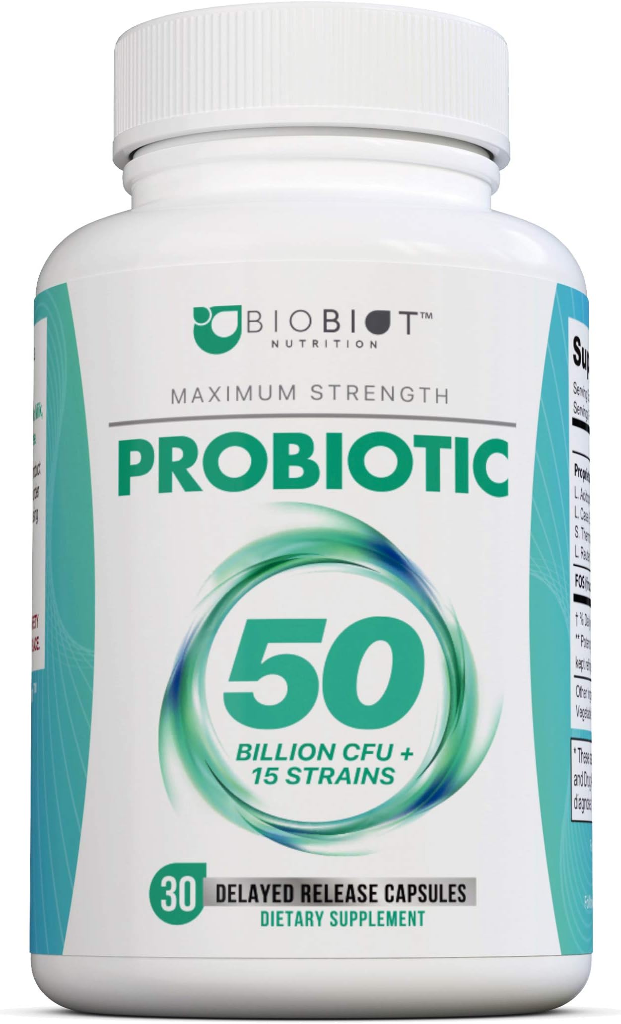 BIOBIOT Maximum Strength Probiotic Supplement - Broad Spectrum, 50 Billion CFU -Women & Men Digestive Health, Weight Loss and Immune Support - 30 Vegetarian Capsules