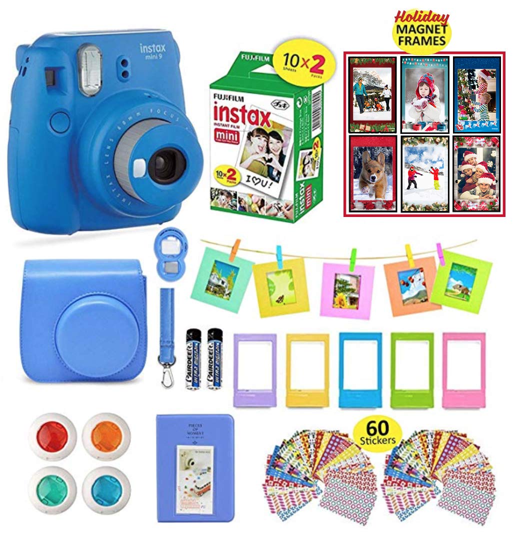 Fujifilm Instax Mini 9 Camera Bundle + 20 Instant Fuji-Film Sheets, Instax Camera Case + 14 PC Instax Accessories Bundle, Fuji Mini 9 Gift Kit, Albums, Lenses, 60 Stickers + 6 Magnet Frames