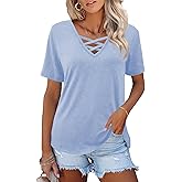 Womens Tops Short Sleeve V Neck Shirts Loose Casual Blouses Summer Tees Criss Cross