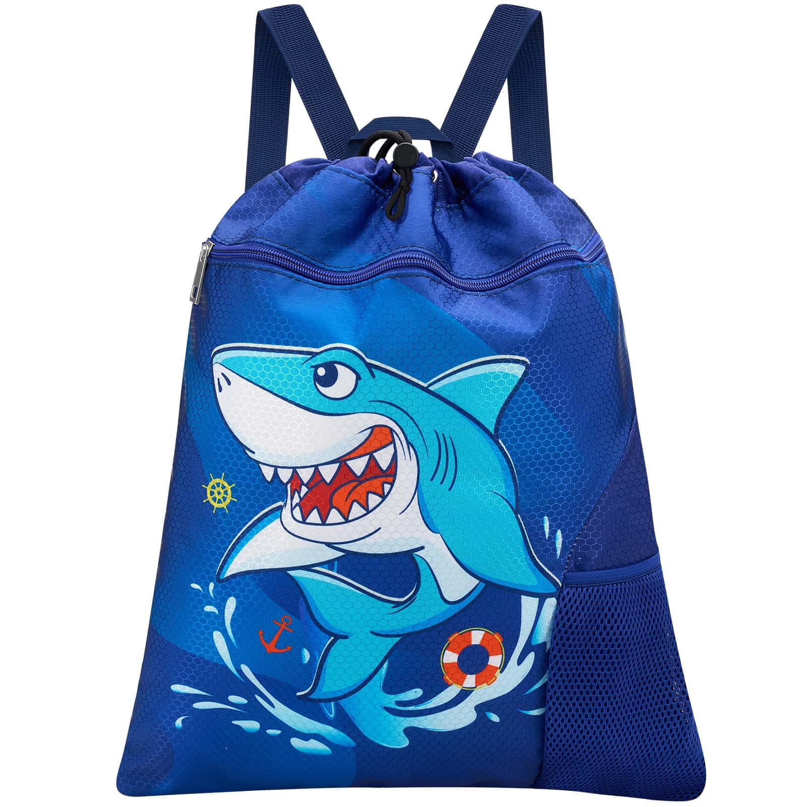 WAWSAM Shark Gym Drawstring Bag - 38 x 45 cm Sports Gym Bag Drawstring Bag for Girls Kids Waterproof String Backpack for Beach Swim Travel Yoga Gift with Zipper Pocket and Water Bottle Pocket