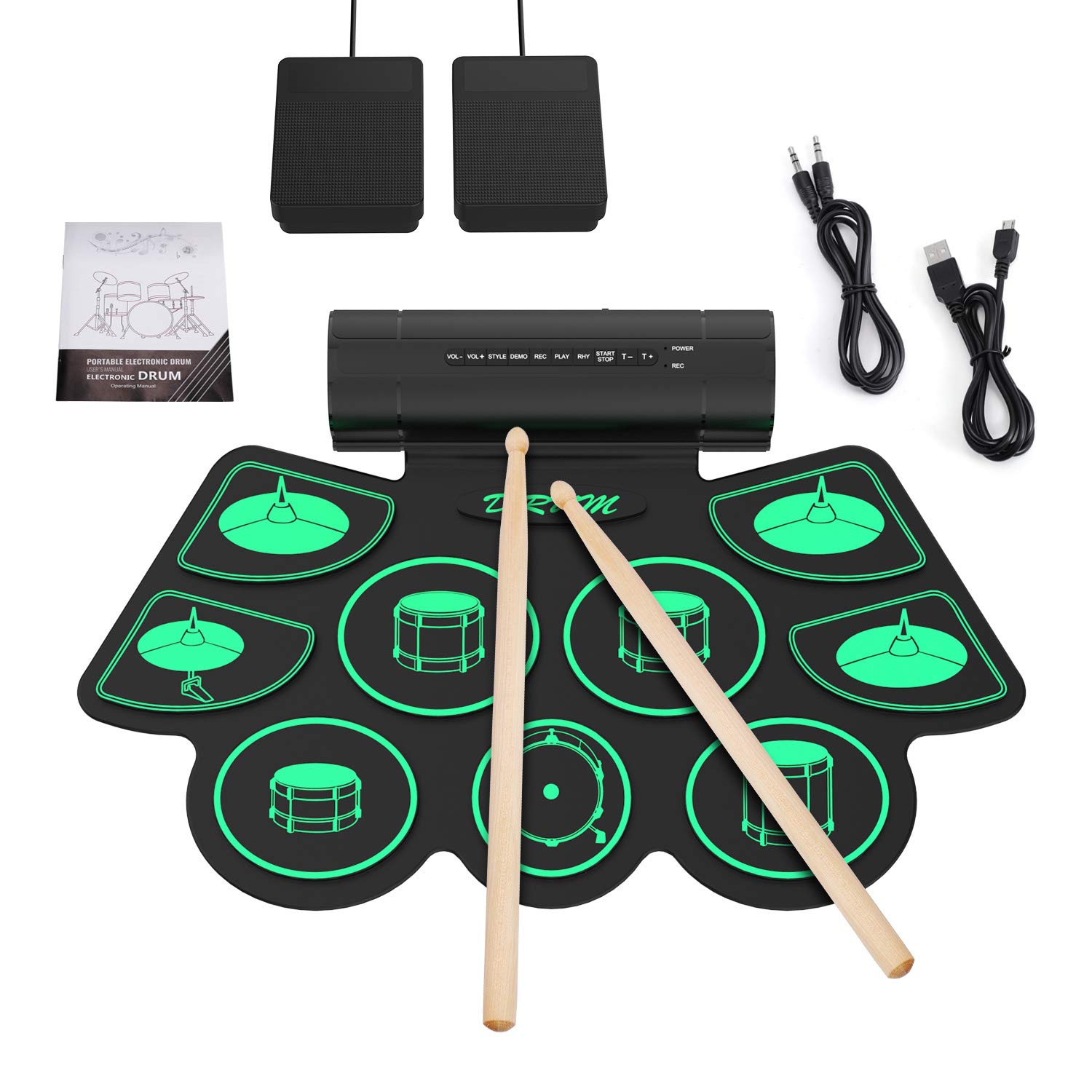 Elektronisches Schlagzeug Kit 9 Pads Tragbare Roll Up Midi Tabletop E-Drum Schlagzeug Set mit Eingebautem Lautsprecher Drum Fußpedal Drumsticks für Kinder Anfänger - Uverbon