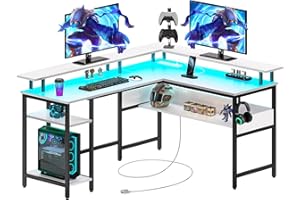 Rolanstar Computer Desk L Shaped 56.7" with LED Lights & Power Outlets, Reversible L Shaped Gaming Desk with Monitor Stand, O