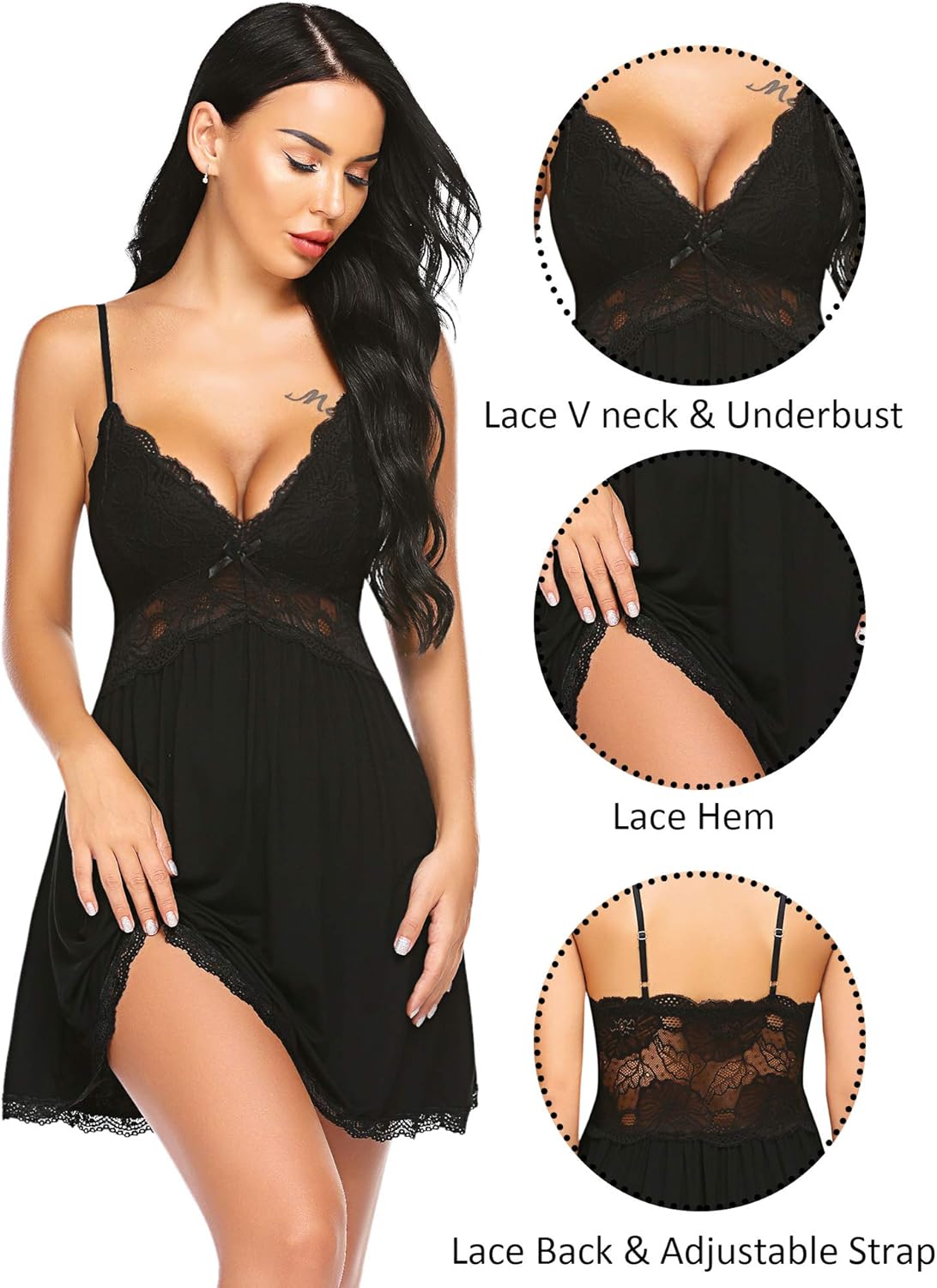 ADOME Women Sexy Nighty Lace Babydoll Nightgown Sleepwear Modal Chemise Lingerie Slip: Clothing