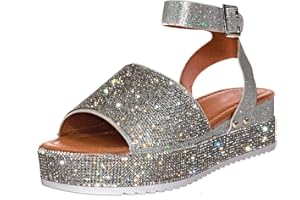 HINDOLA Womens Rhinestones Platform Sandals Ankle Strap Open Toe Crystal Casual Espadrilles Shoes Summer Dress Wedge Sandals