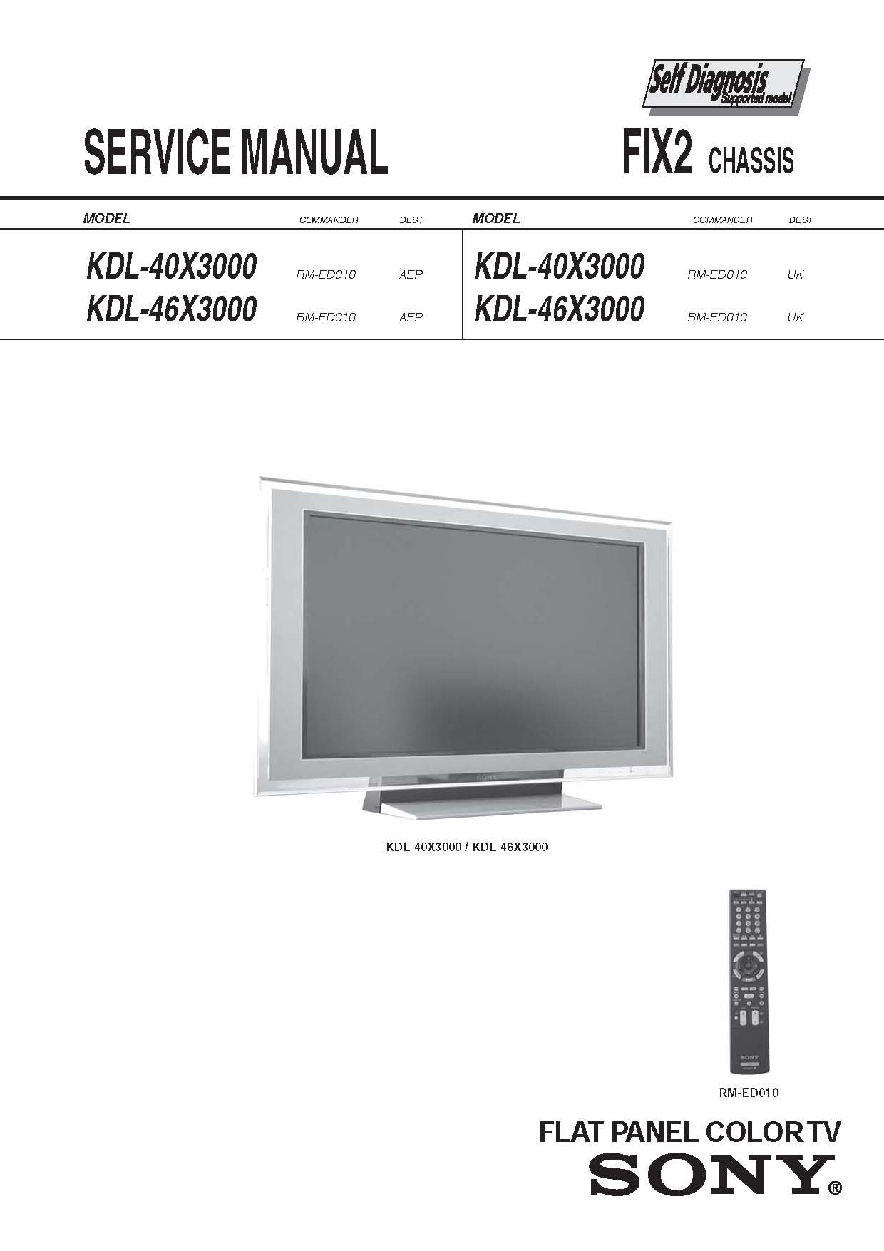 SONY KDL40X3000,KDL46X3000 Service Manual Unknown Binding – 2007