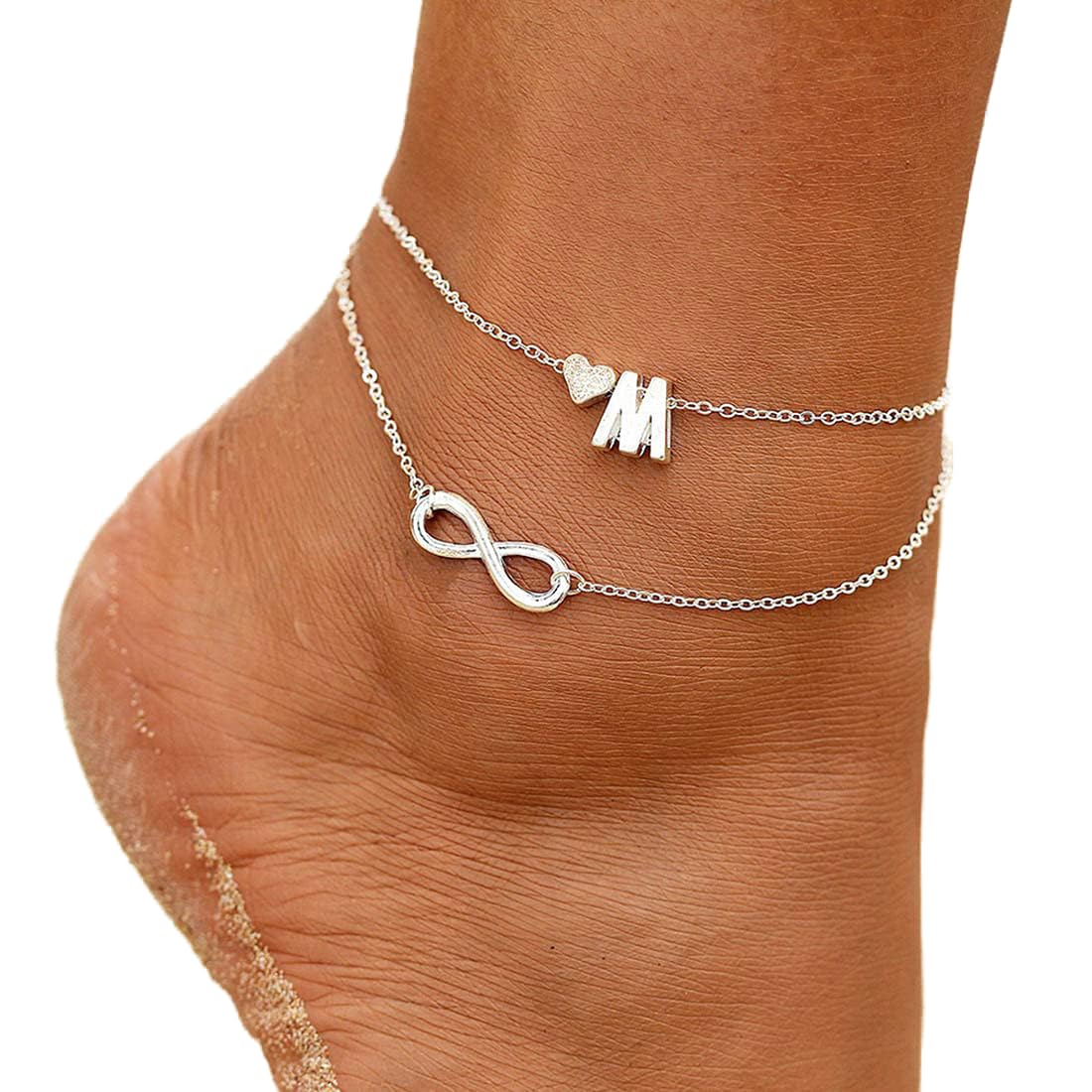 Prosy Beach Heart Anklet Silver Lucky 8 Ankle Bracelets Chain Foot Jewelry Adjustable for Women Girls