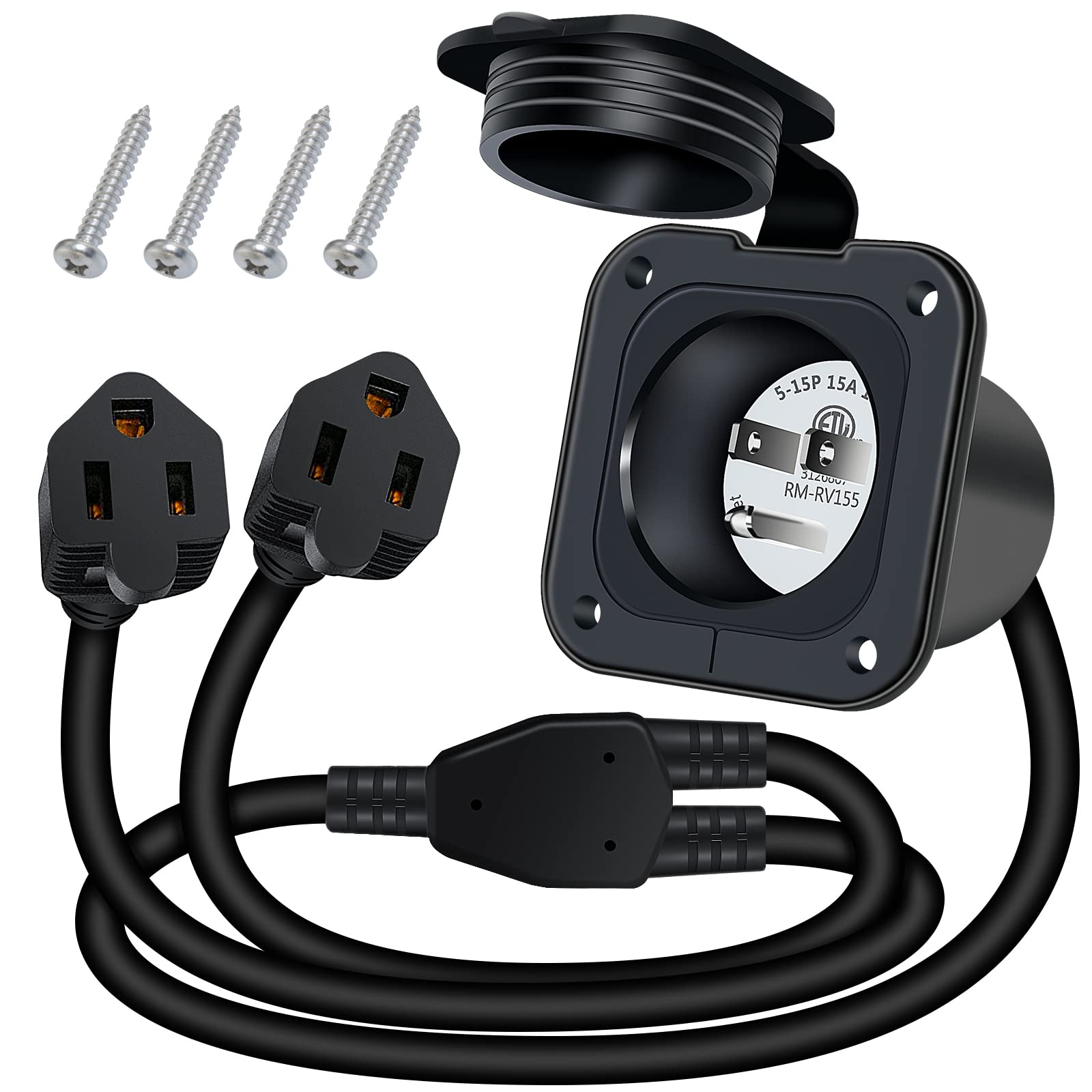 Photo 1 of EilxMag 15 Amp 125V AC Power Inlet Port Plug Flanged Inlet NEMA 5-15P RV Power Outlet with Integrated Dual 24" Cord ETL Approved
