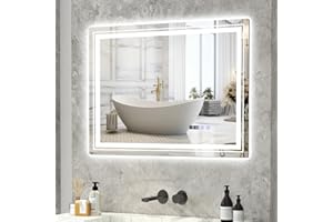 Tangkula 32 x 24 Inch LED Bathroom Mirror, Wall Mounted Rectangle Mirror w/ 3-Color Dimmable Lights, Time/Temp Display, Anti-
