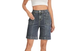 Metietila Women's High Waisted Bermuda Denim Shorts Straight Leg Stretchy Jorts Casual Long Jean Shorts for Summer