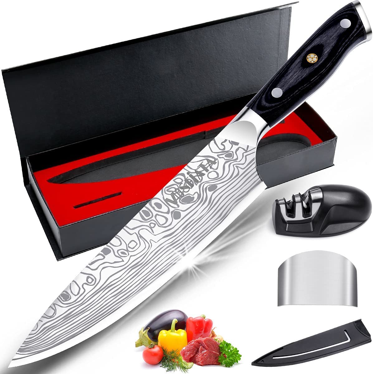 Photo 1 of MOSFiATA 8" Super Sharp Professional Chef's Knife with Finger Guard and Knife Sharpener, German High Carbon Stainless Steel EN1.4116 with Micarta Handle and Gift Box