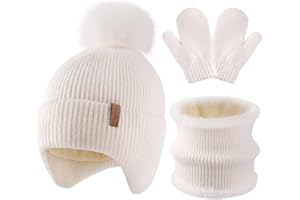 HONGTEYA Toddler Winter Hat Gloves Scarf Set, Kids Baby Beanie Hat Neck Warmer Mittens Fleece Lined Set