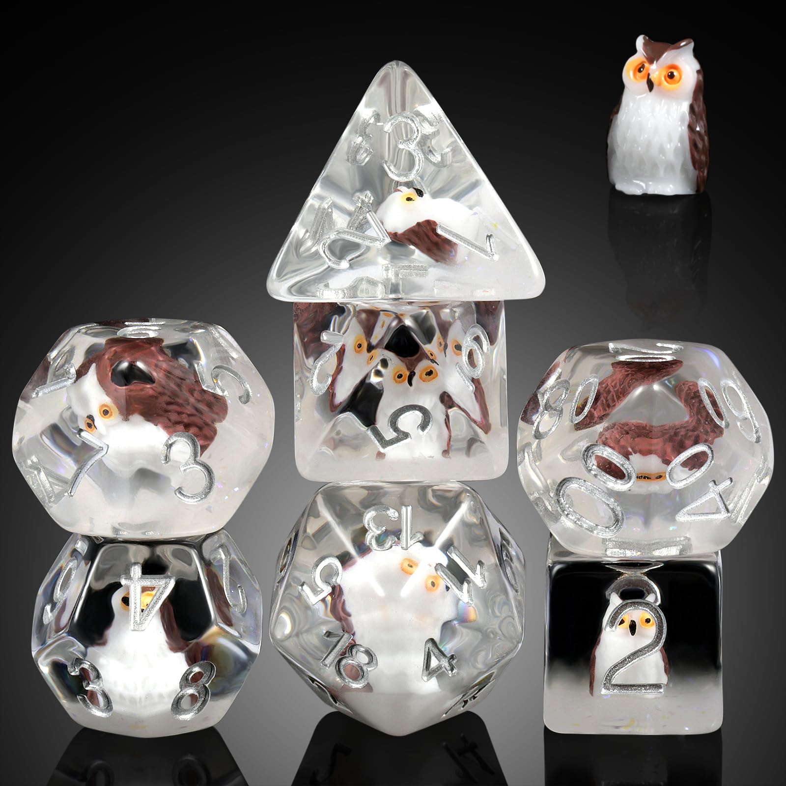 Owl DND Dice, DNDND 7PCS Resin D&D Dice with Velvet Bag for Dungeons and Dragons Role Playing Games and Tabletop Games（Owl — image 1
