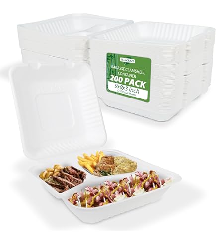 HD BioPak Lot de 150 récipients alimentaires jetables à charnière pour micro -ondes 20,3 x 20,3 x 7,6 cm