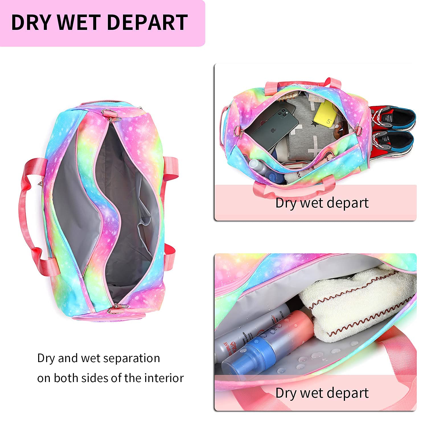 Duffle Bag for Girls Kids Gym Bag Women Workout Sports Travel Bag Weekender Overnight Bag with Shoe Compartment and Wet Pocket