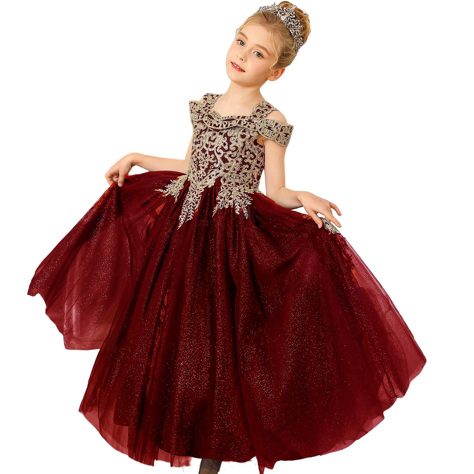 Photo 1 of Formal Girls Tulle Long Pageant Dresses Prom Ball Gown Gold Lace Beaded (Size 10, Burgundy)