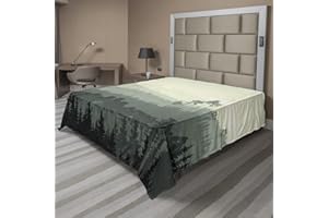 Ambesonne Forest Flat Sheet, Panorama of a Valley and Mystic Forest of Pine Trees Natureme, Soft Comfortable Top Sheet Decorative Bedding 1 Piece, King Size, Green Eggshell