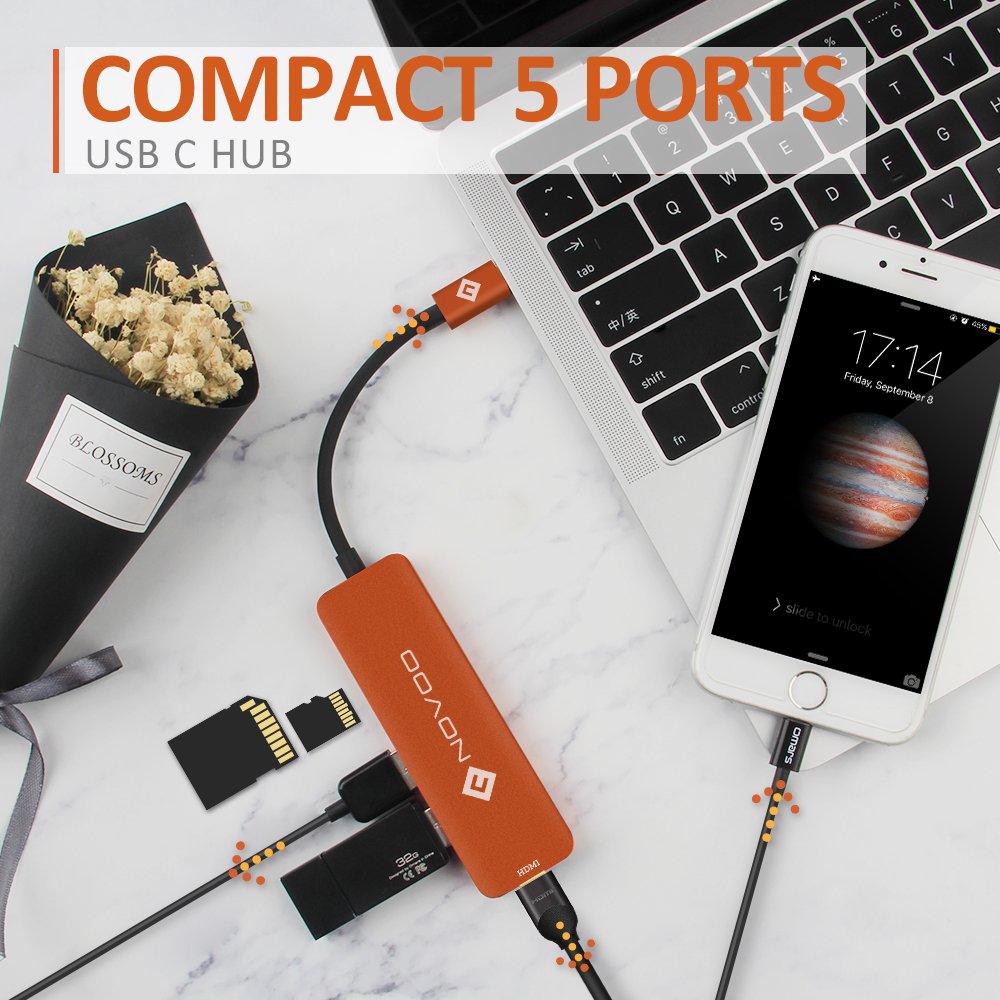 NOVOO usbc ハブ　Micro SD/SDカードリーダー USB HDMI USB3.0 MacBook2016 MacBook Pro/ChromeBook対応 (オレンジ)