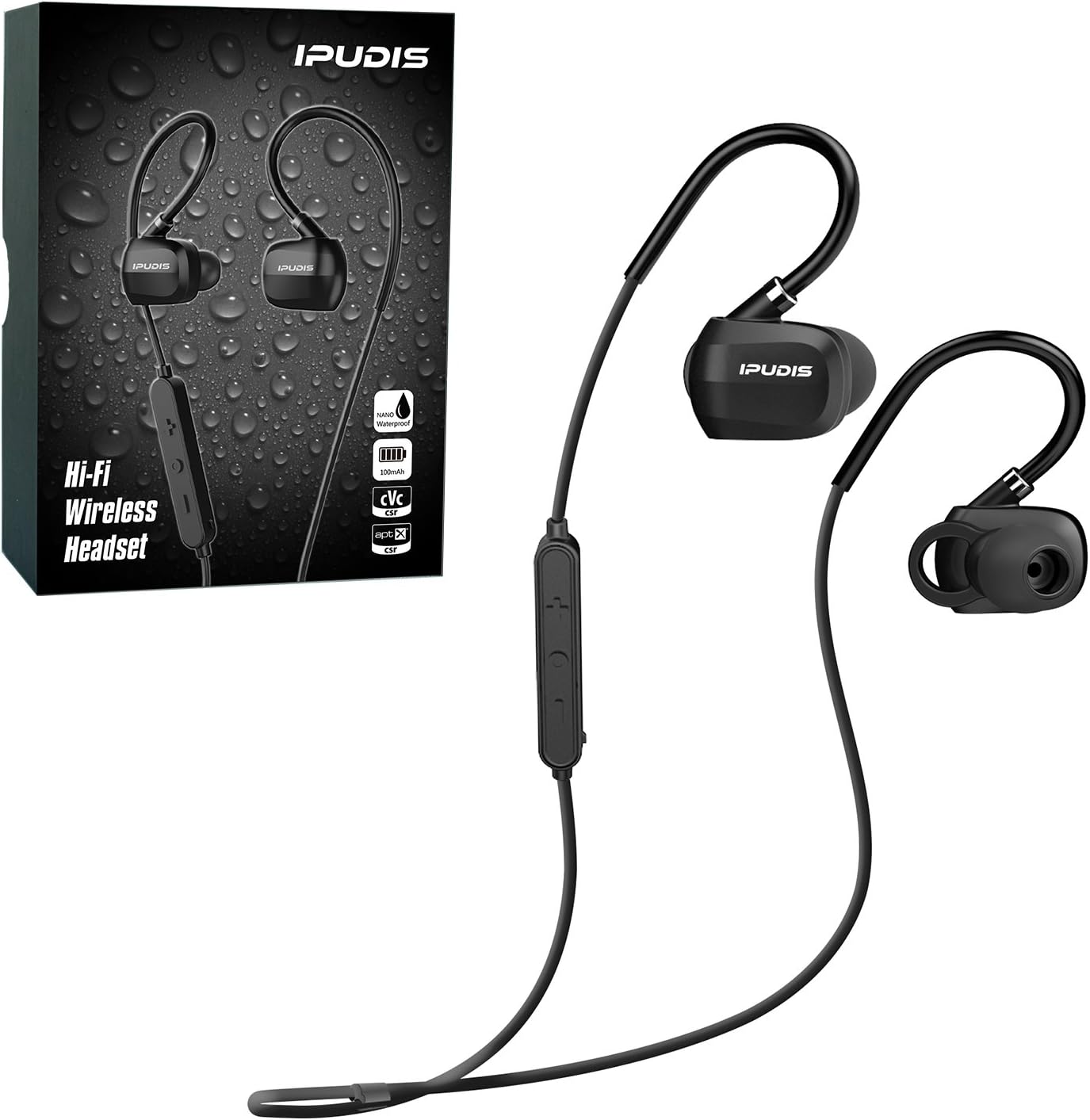 Nano Coating HiFi Bluetooth Earbuds,IPUDIS Sports Bluetooth Earphone apt-X Stereo Deep Bass Wireless Headset 100mAh (Black)