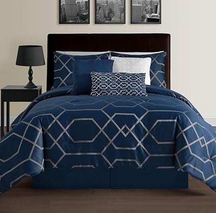 Queen Blue Hampton 7 Piece Modern Geometric Comforter Set Down Alternative Hypoallergenic Comforters Comforter Bed Skirt Bolster Pillow And 2 Shams Set Queen Blue Amazon In Home Kitchen