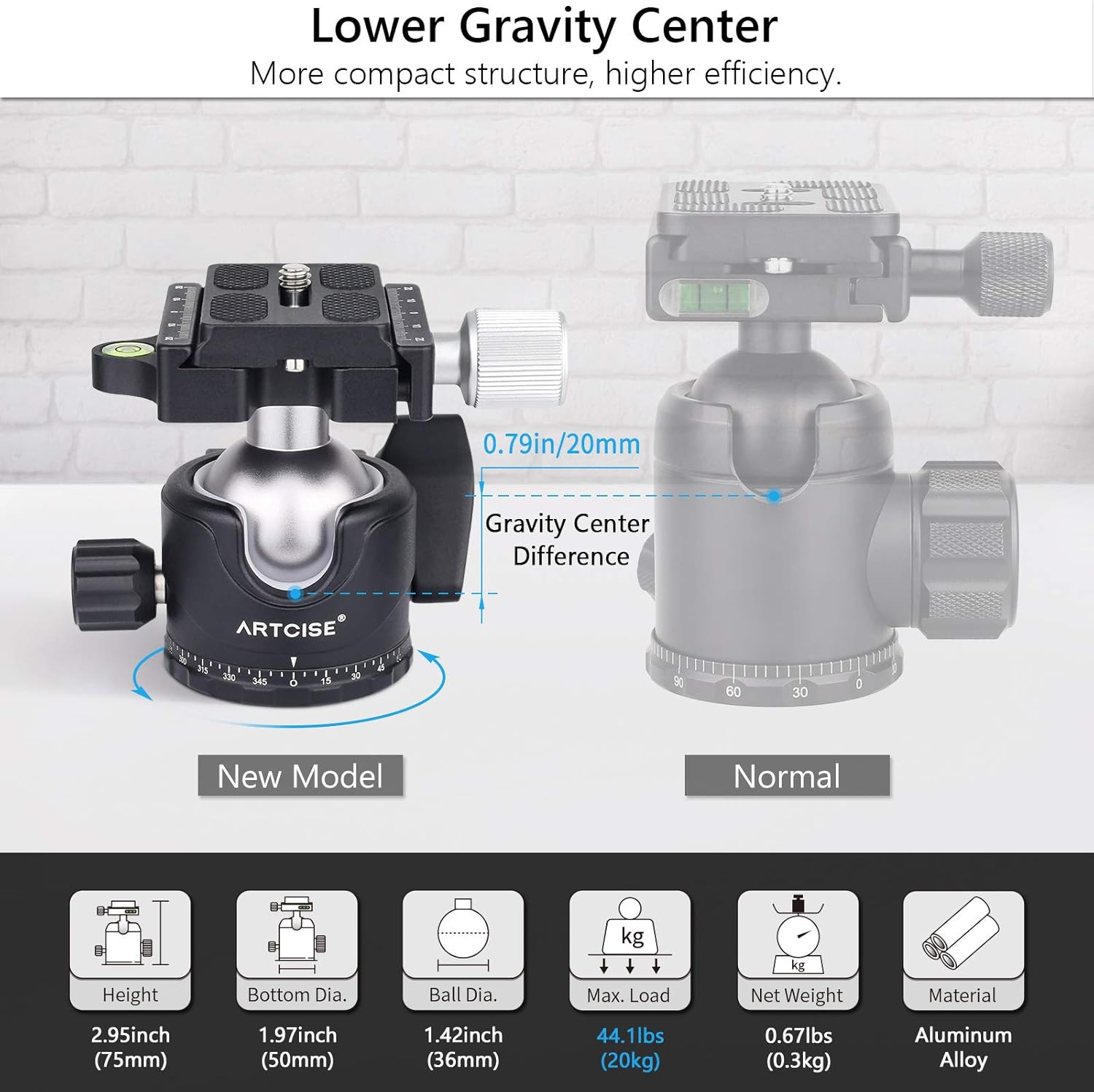 Low Profile Ball Head 36mm Stability Panoramic Tripod Head 360 Rotating Professional All Metal Ballhead with 1/4 inch QR Plate for DSLR Cameras Tripods Monopods Camcorder Slider Max Loading 33lbs/15kg - Image 4