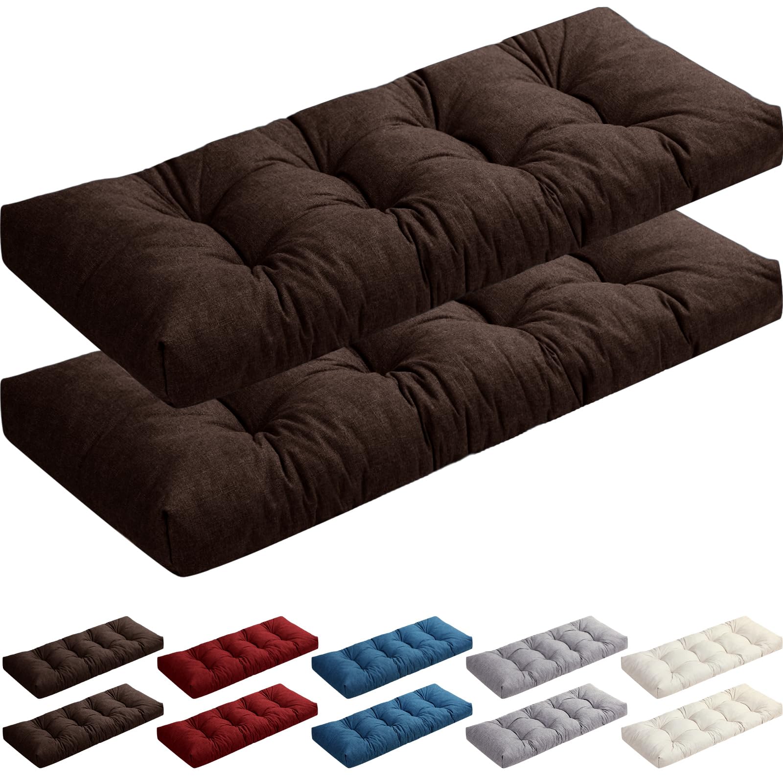 Photo 1 of 2 Pack Outdoor Bench Cushion Patio Waterproof Porch Swing Cushions Tufted Memory Foam Bench Seat Pads Thicken Non Slip for Outside Indoor Garden Furniture Wicker Loveseat Settee(Brown,42x16 Inch)