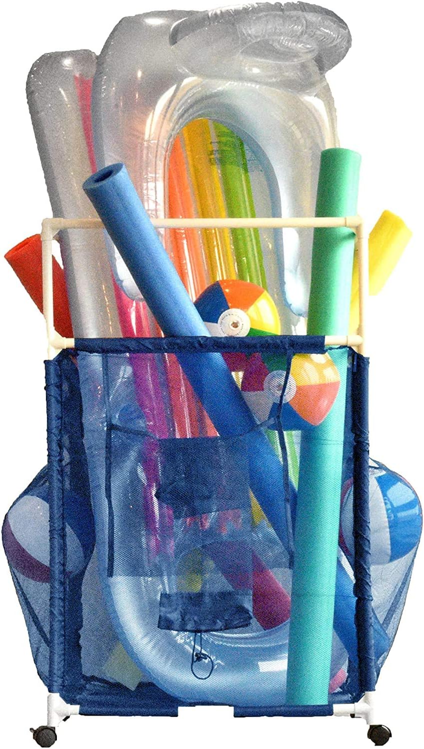 Essentially Yours Rolling Pool Noodle Storage Organizer Bin, Standard Noodle Holder, 24" W x 24" L x 38" H, Blue Mesh/White PVC : Garden & Outdoor